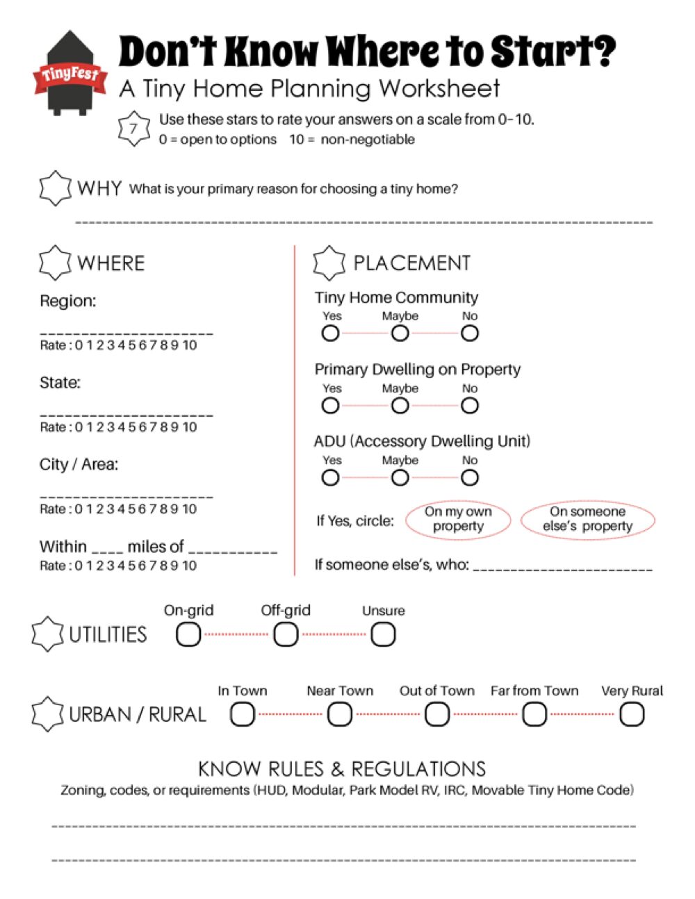 First page of the TinyFest Where to Start tiny home planning worksheet
