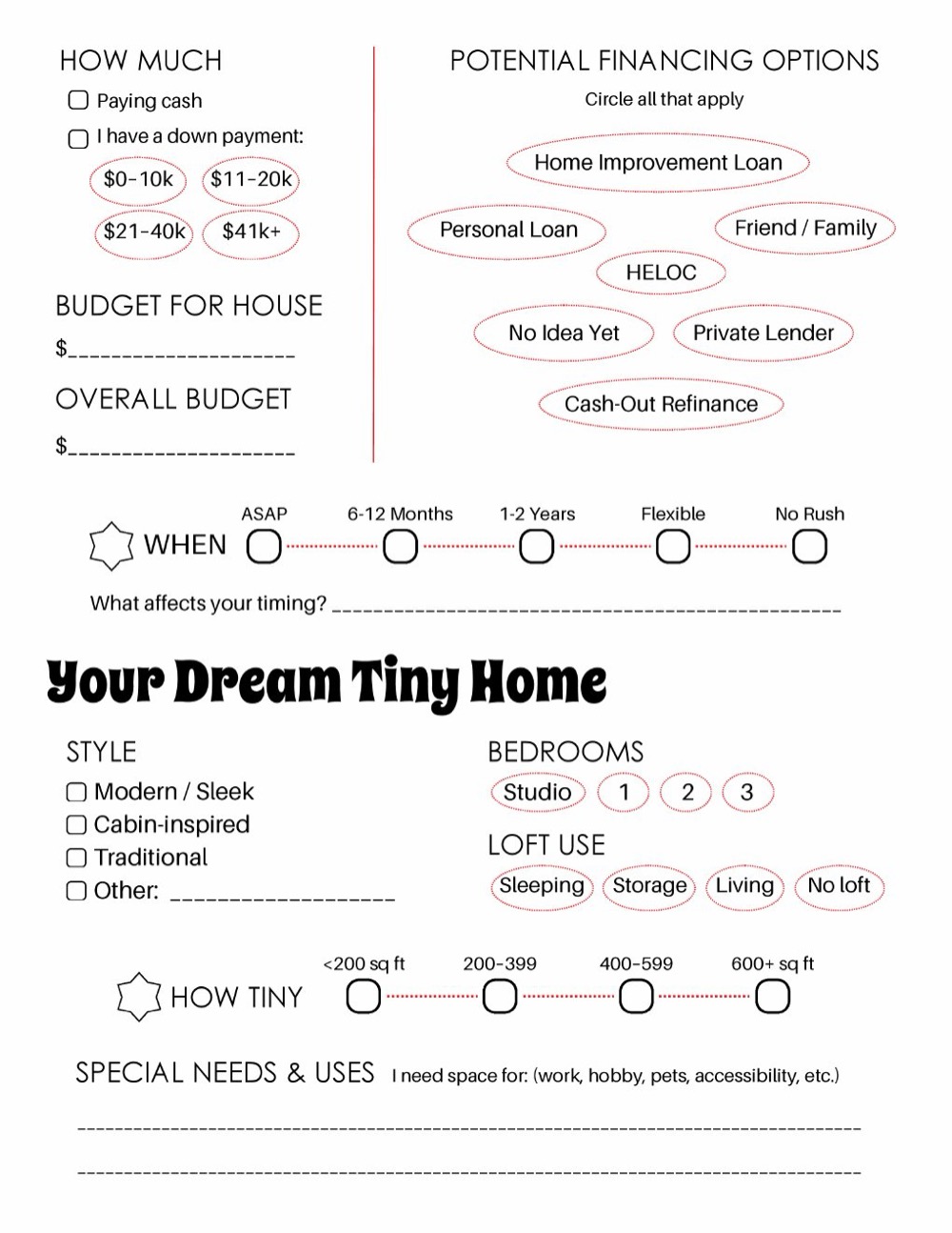 Second page of the TinyFest Where to Start tiny home planning worksheet